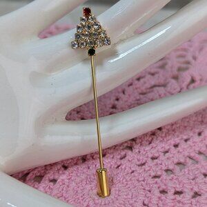 Vintage Rhinestone Christmas Tree Stick Pin Stickpin Gold Metal